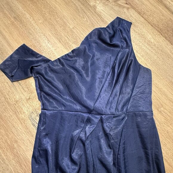 Navy Draped Dress One-Shoulder Satin Sz 10 Slit Evening Cocktail Blue Long ASOS - Picture 15 of 16